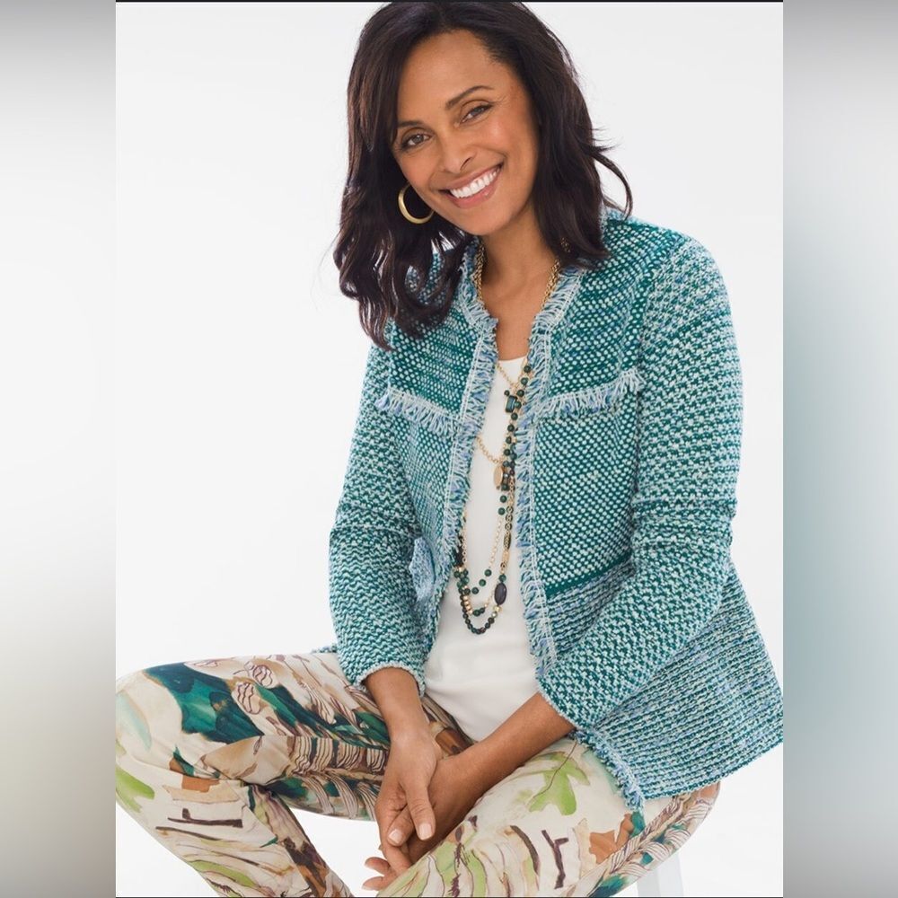 NWT Chicos Sz 2 L 12 Teal Structured Cardigan Wool Cotton Sweater Jacket
